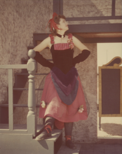 Image of Fandangle Costume - Mary Anna Green Musselman on Steps Facing Right